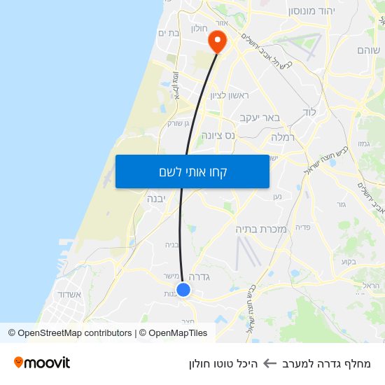 מפת מחלף גדרה למערב להיכל טוטו חולון