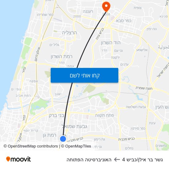 מפת גשר בר אילן/כביש 4 להאוניברסיטה הפתוחה