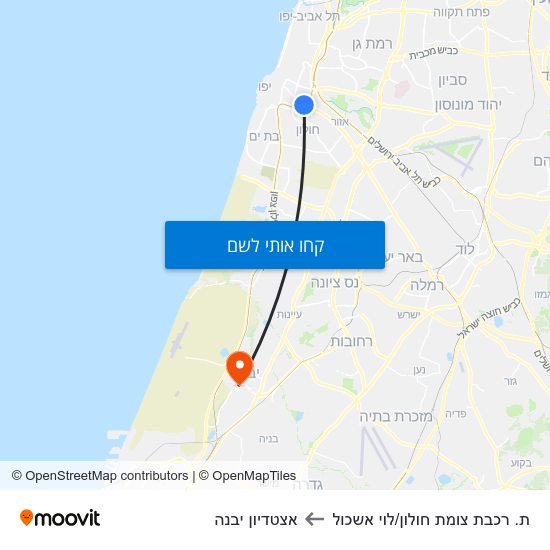 מפת ת. רכבת צומת חולון/לוי אשכול לאצטדיון יבנה