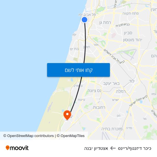 מפת כיכר דיזנגוף/ריינס לאצטדיון יבנה