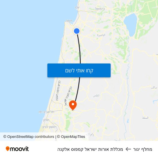 מפת מחלף יגור למכללת אורות ישראל קמפוס אלקנה