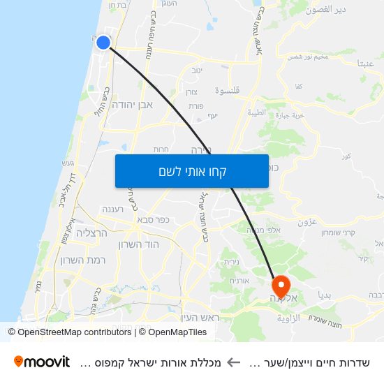 מפת שדרות חיים וייצמן/שער העמק למכללת אורות ישראל קמפוס אלקנה