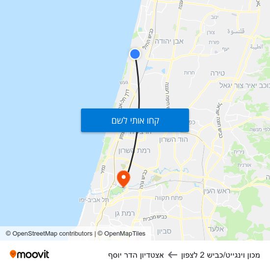 מפת מכון וינגייט/כביש 2 לצפון לאצטדיון הדר יוסף