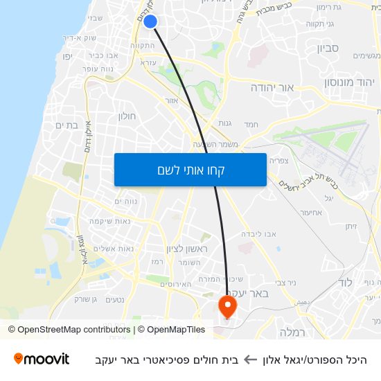 מפת היכל הספורט/יגאל אלון לבית חולים פסיכיאטרי באר יעקב