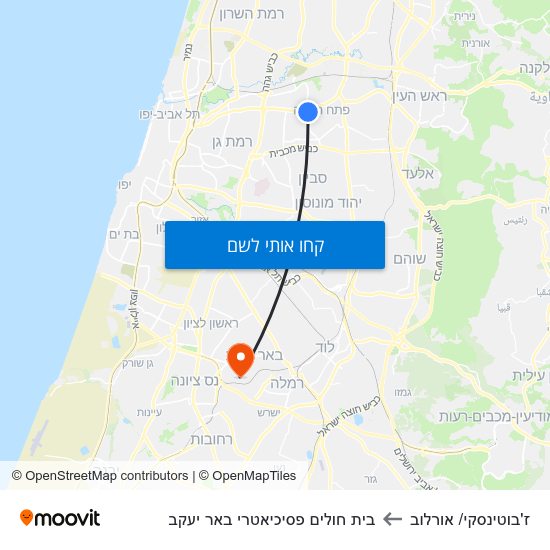 מפת ז'בוטינסקי/ אורלוב לבית חולים פסיכיאטרי באר יעקב