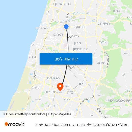 מפת מחלף גהה/ז'בוטינסקי לבית חולים פסיכיאטרי באר יעקב