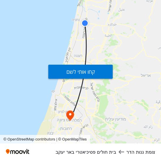 מפת צומת גנות הדר לבית חולים פסיכיאטרי באר יעקב