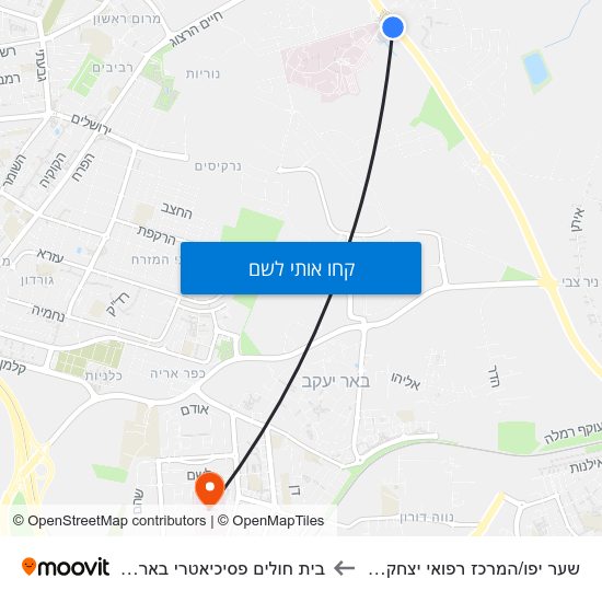 מפת שער יפו/המרכז רפואי יצחק שמיר לבית חולים פסיכיאטרי באר יעקב