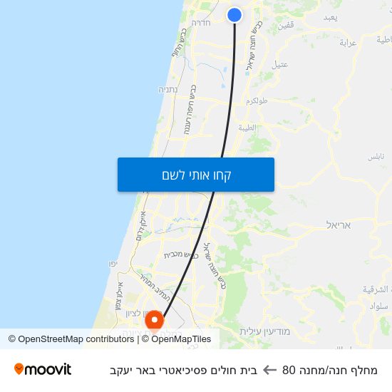 מפת מחלף חנה/מחנה 80 לבית חולים פסיכיאטרי באר יעקב