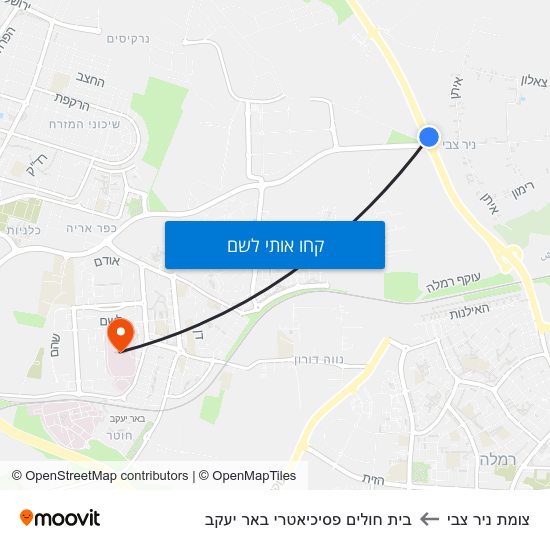 מפת צומת ניר צבי לבית חולים פסיכיאטרי באר יעקב