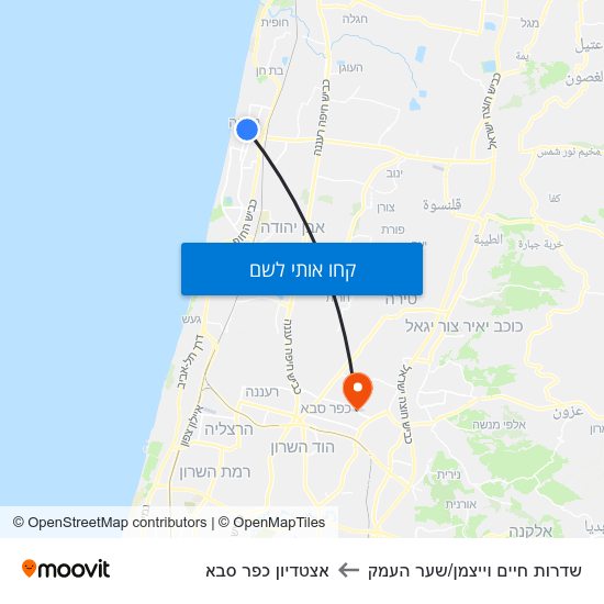 מפת שדרות חיים וייצמן/שער העמק לאצטדיון כפר סבא