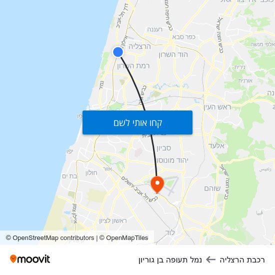 מפת רכבת הרצליה לנמל תעופה בן גוריון