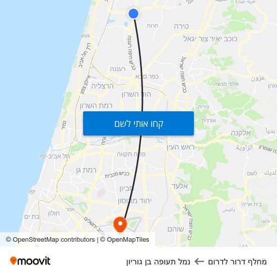 מפת מחלף דרור לדרום לנמל תעופה בן גוריון