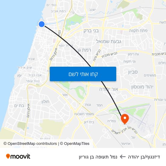 מפת דיזנגוף/בן יהודה לנמל תעופה בן גוריון