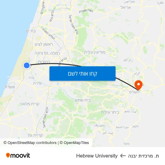 מפת ת. מרכזית יבנה לHebrew University