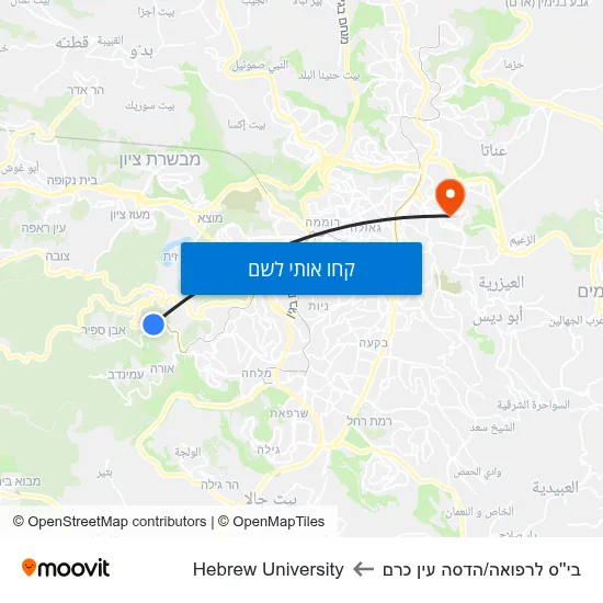 מפת בי''ס לרפואה/הדסה עין כרם לHebrew University