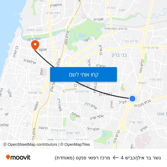 מפת גשר בר אילן/כביש 4 למרכז רפואי פנקס (מאוחדת)