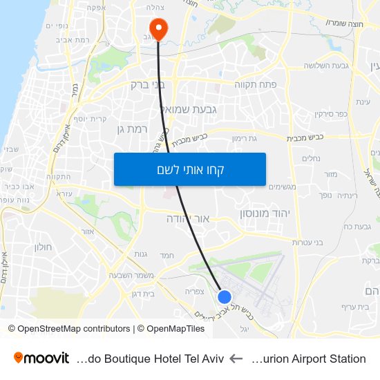 מפת Ben Gurion Airport Station לLeonardo Boutique Hotel Tel Aviv