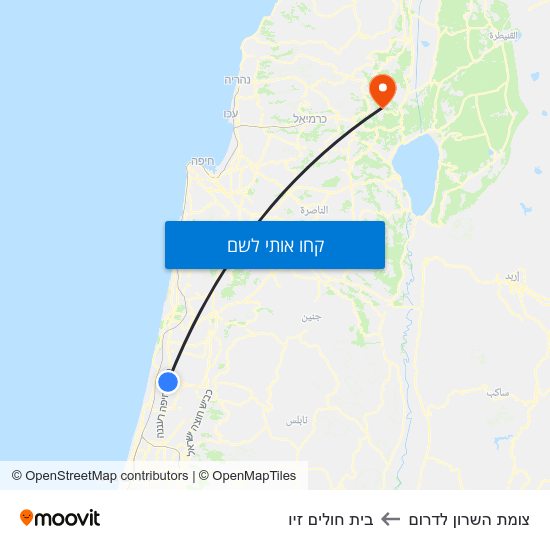 מפת צומת השרון לדרום לבית חולים זיו