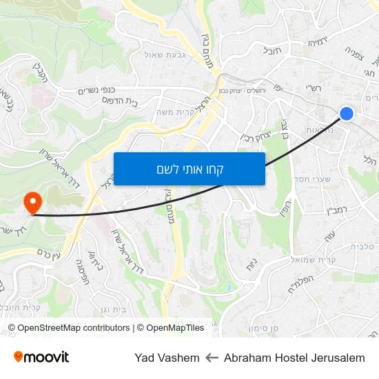 מפת Abraham Hostel Jerusalem לYad Vashem