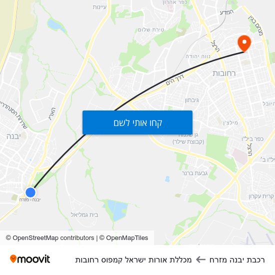 מפת רכבת יבנה מזרח למכללת אורות ישראל קמפוס רחובות