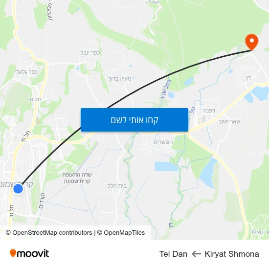 מפת Kiryat Shmona לTel Dan