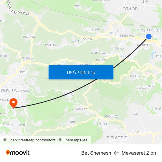 מפת Mevaseret Zion לBet Shemesh