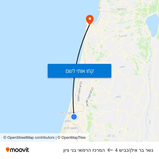 מפת גשר בר אילן/כביש 4 להמרכז הרפואי בני ציון