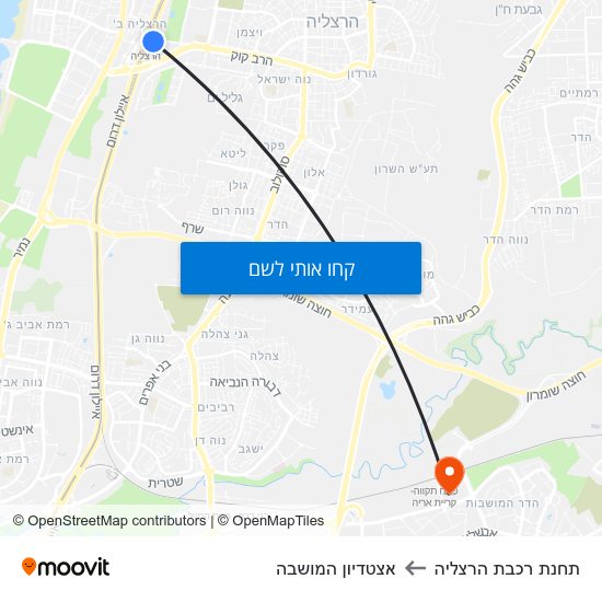 מפת תחנת רכבת הרצליה לאצטדיון המושבה