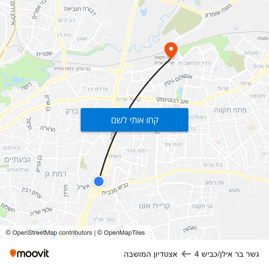 מפת גשר בר אילן/כביש 4 לאצטדיון המושבה