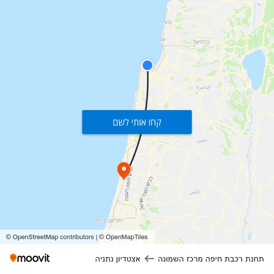 מפת תחנת רכבת חיפה מרכז השמונה לאצטדיון נתניה