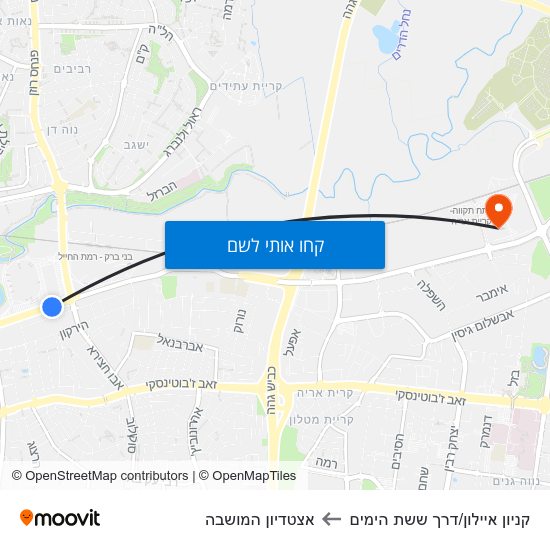 מפת קניון איילון/דרך ששת הימים לאצטדיון המושבה