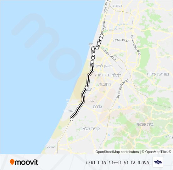 מפת המסלול של קו רכבת ישראל אשדוד עד הלום - תל אביב מרכז
