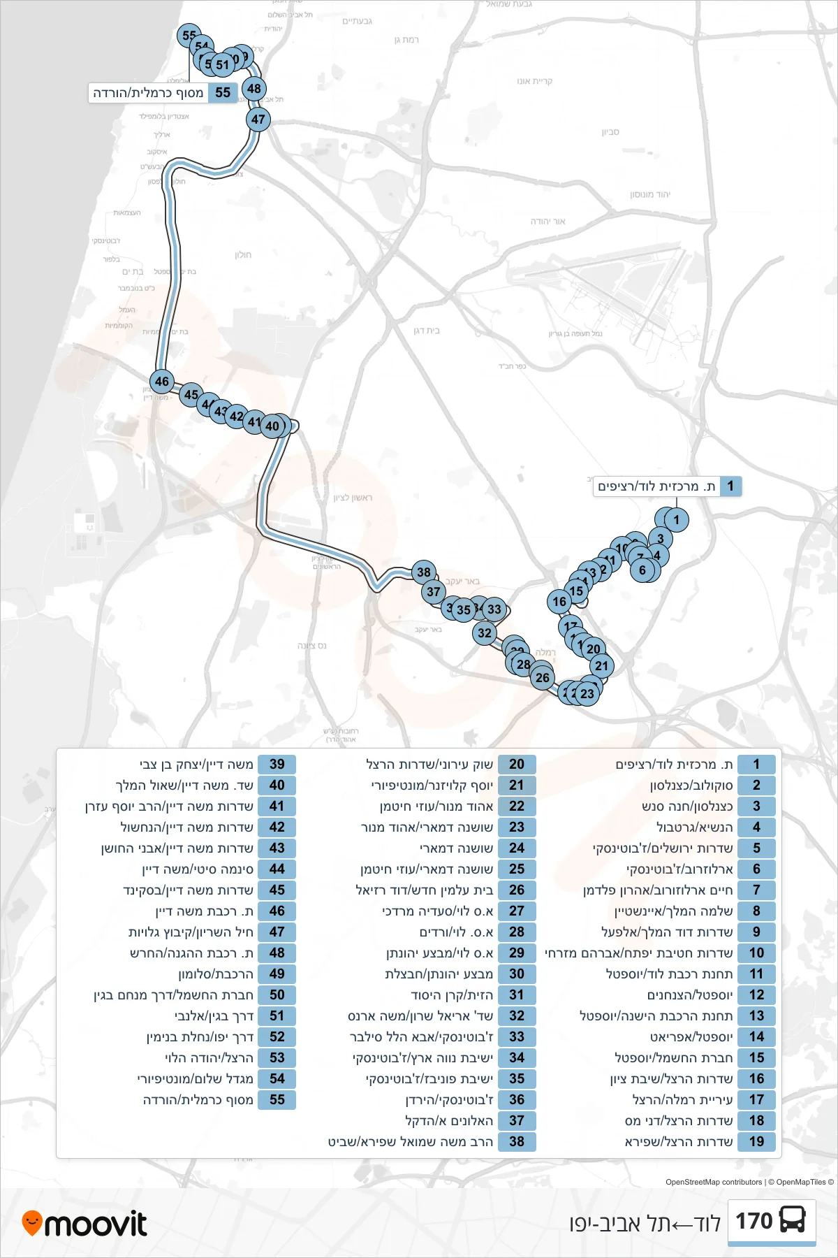 170 bus Line (Lod‎→Tel Aviv-Yafo) route and stops on a map