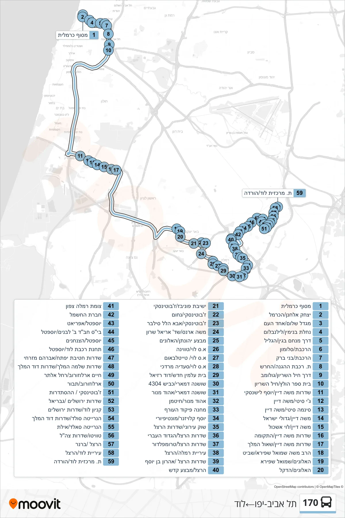 170 bus Line (Tel Aviv-Yafo‎→Lod) route and stops on a map