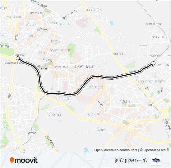 מפת המסלול של קו רכבת ישראל לוד - ראשונים