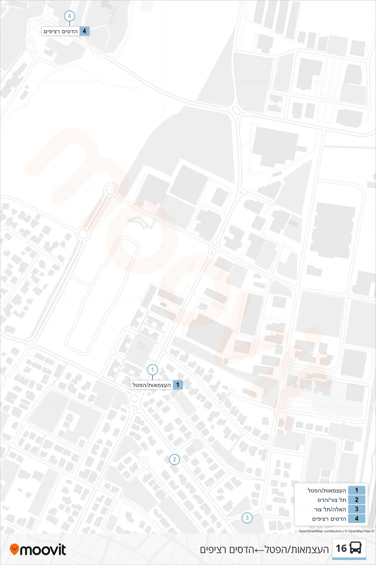 16  Line (HaAtzmaut/HaPatel‎→Hadasim Platforms) route and stops on a map