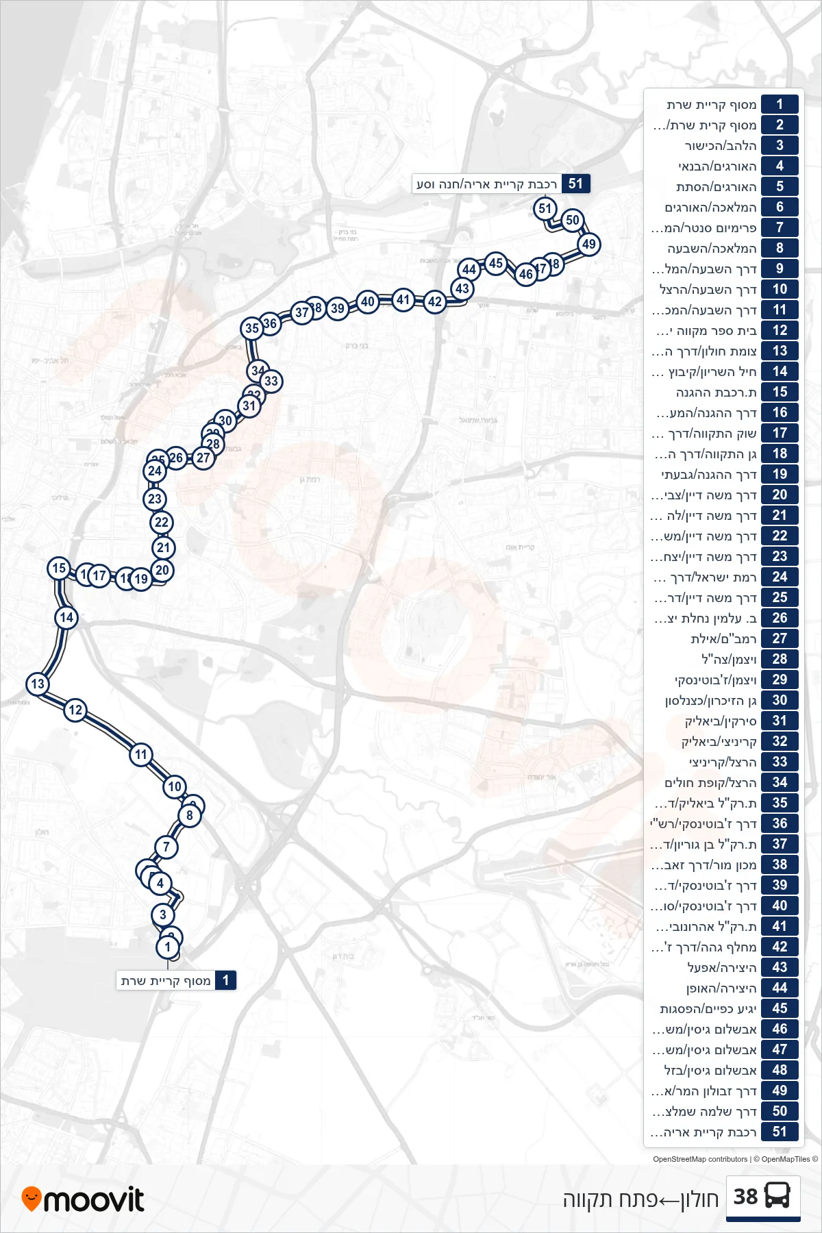 38 bus Line (Holon‎→Petah Tikva) route and stops on a map