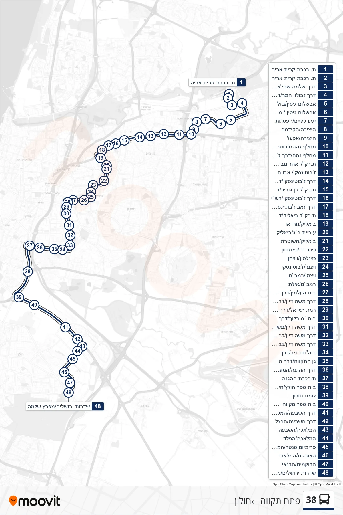 38 bus Line (Petah Tikva‎→Holon) route and stops on a map