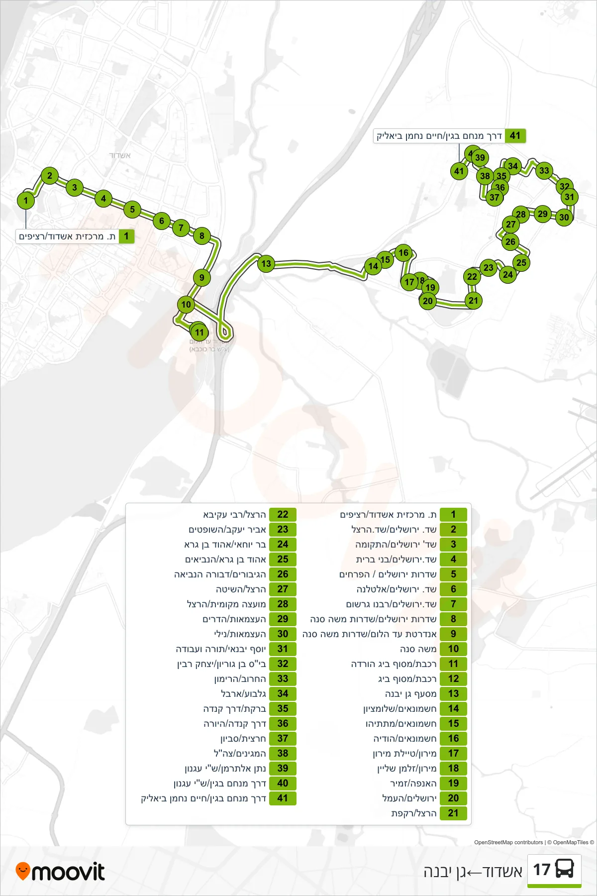 17 bus Line (Ashdod‎→Gan Yavne) route and stops on a map