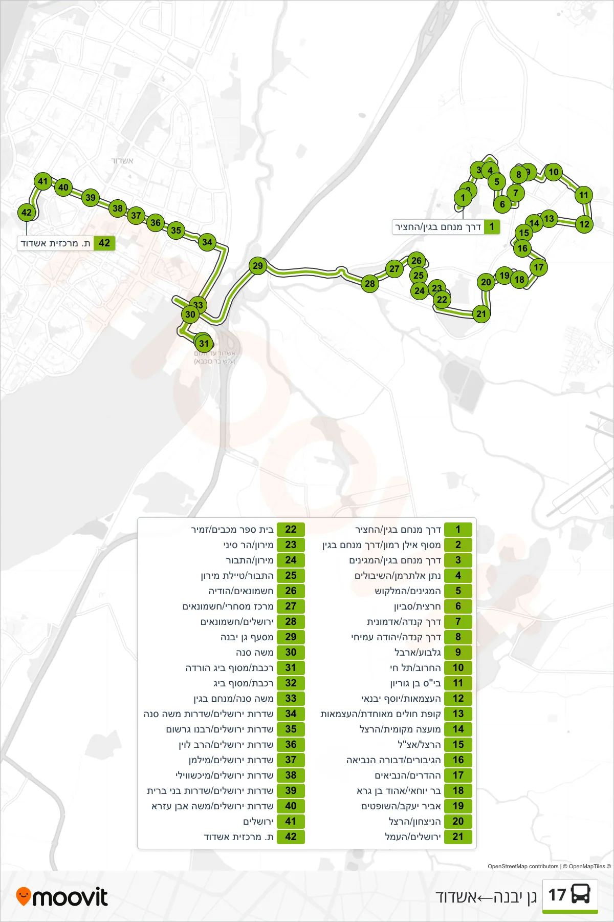 17 bus Line (Gan Yavne‎→Ashdod) route and stops on a map