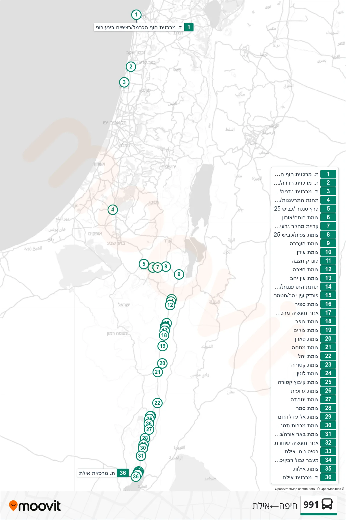 991 bus Line (Haifa‎→Eilat) route and stops on a map