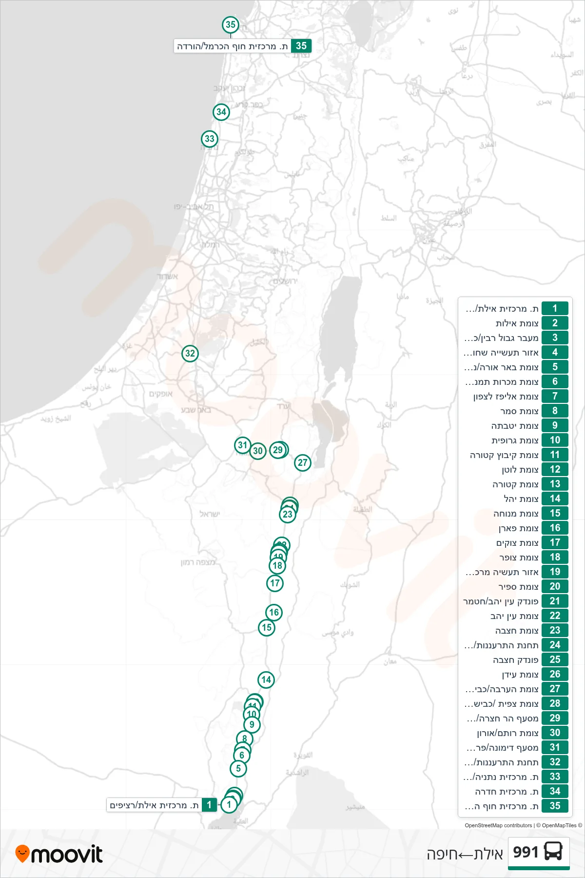 991 bus Line (Eilat‎→Haifa) route and stops on a map