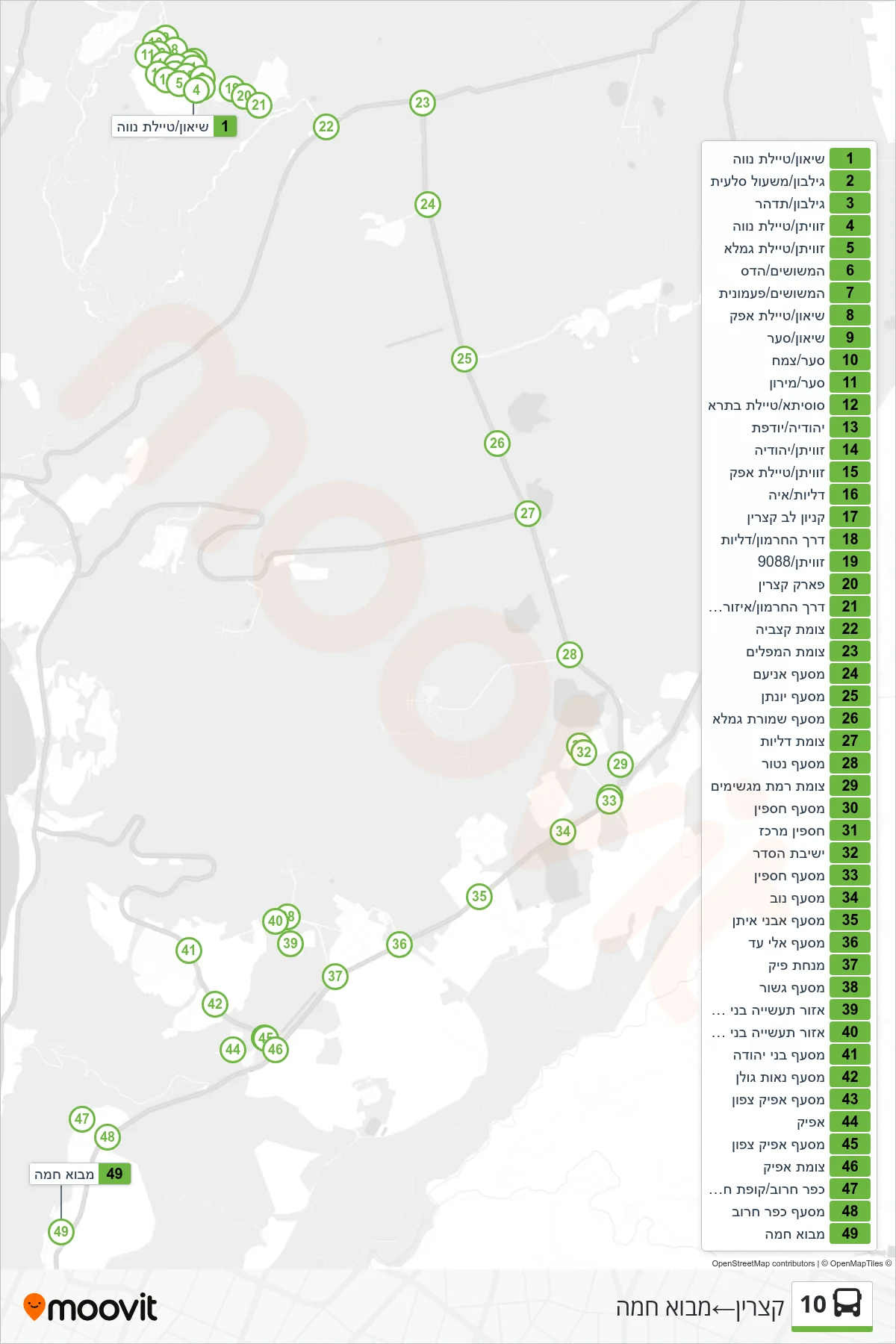 10 bus Line (Katzrin‎→Mevo Hama) route and stops on a map