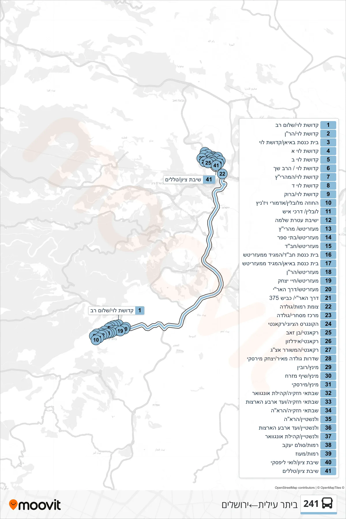 241 bus Line (Beitar Illit‎→Jerusalem) route and stops on a map