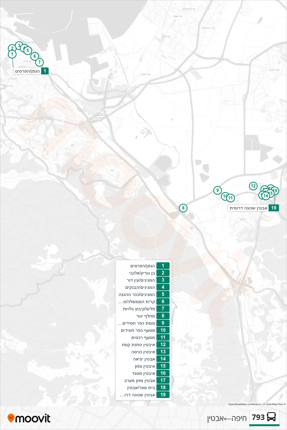 793  Line (Haifa‎→Ibtin) route and stops on a map
