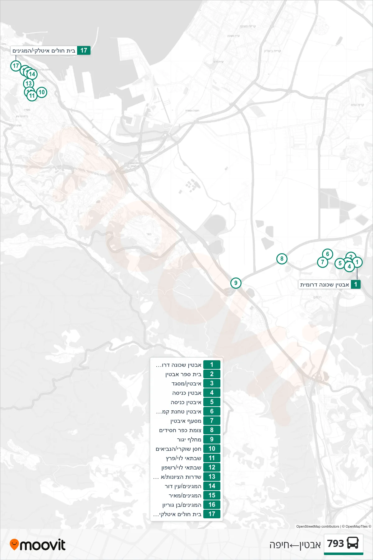 793 bus Line (Ibtin‎→Haifa) route and stops on a map
