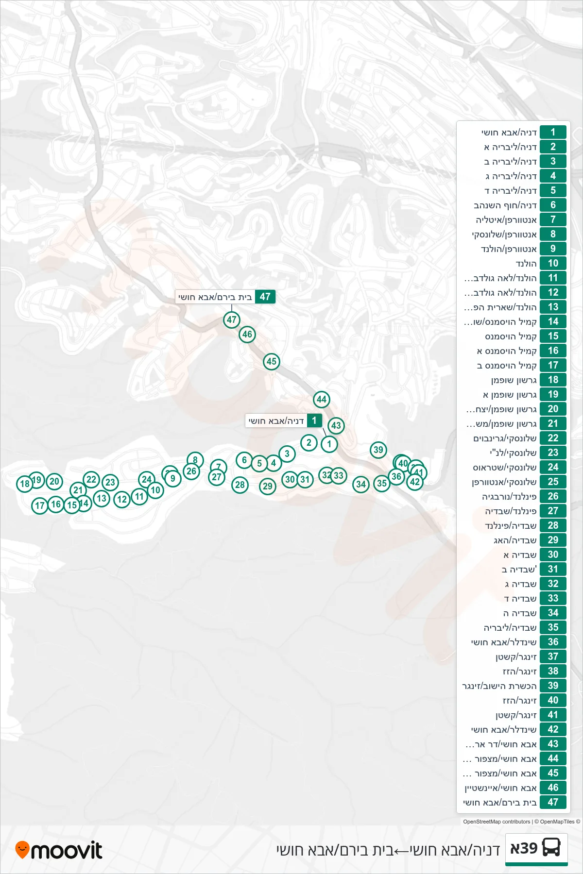 39A bus Line (Denia/Abba Hushi‎→Beit Biram/Abba Hushi) route and stops on a map