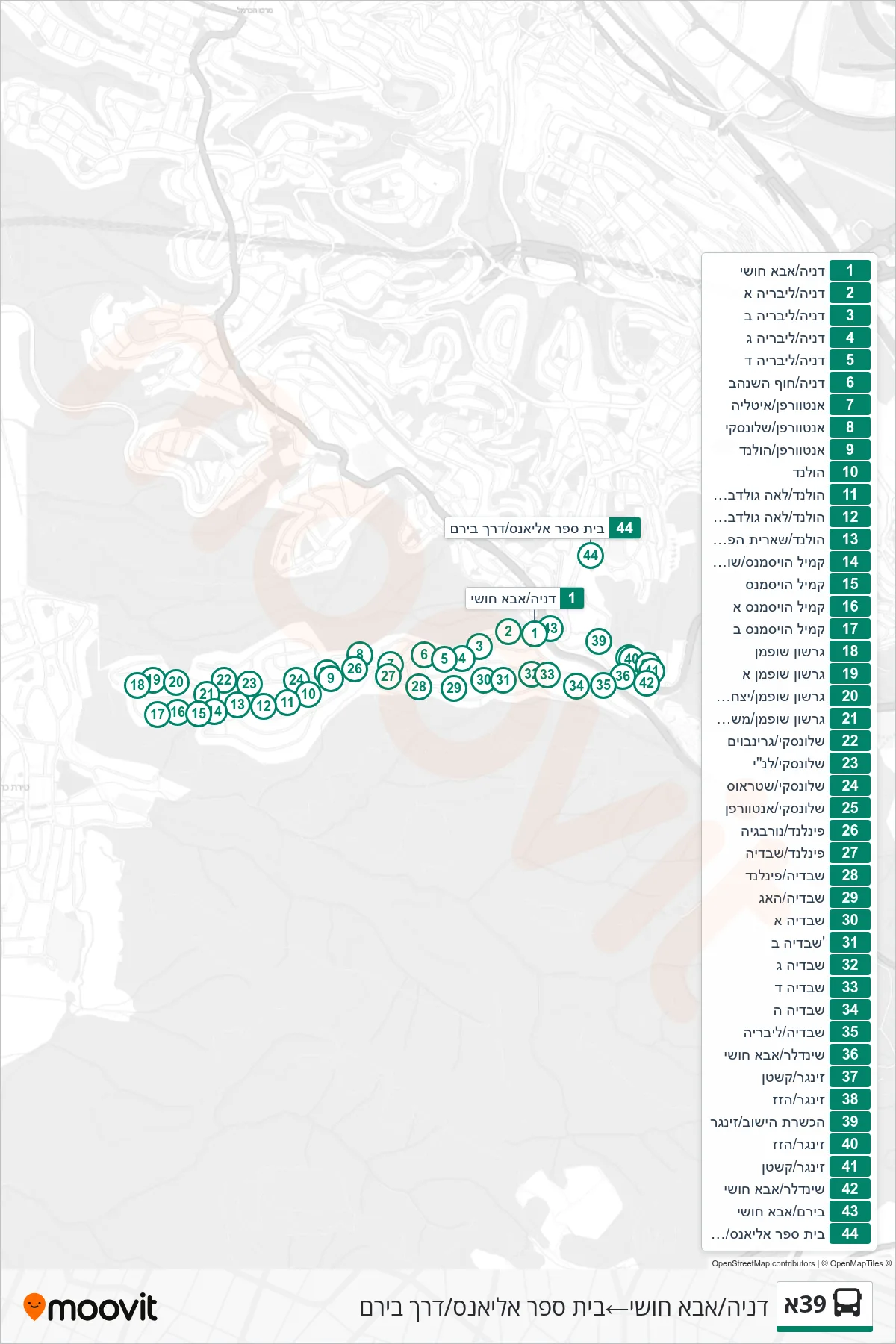 39A  Line (Denia/Abba Hushi‎→Alliance School/Biram Road) route and stops on a map