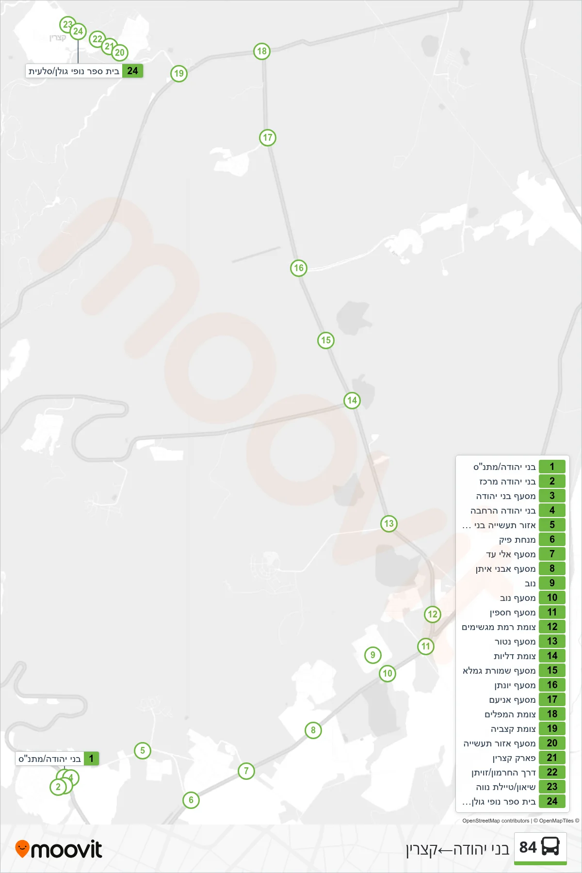 84 bus Line (Bnei Yehuda‎→Katzrin) route and stops on a map